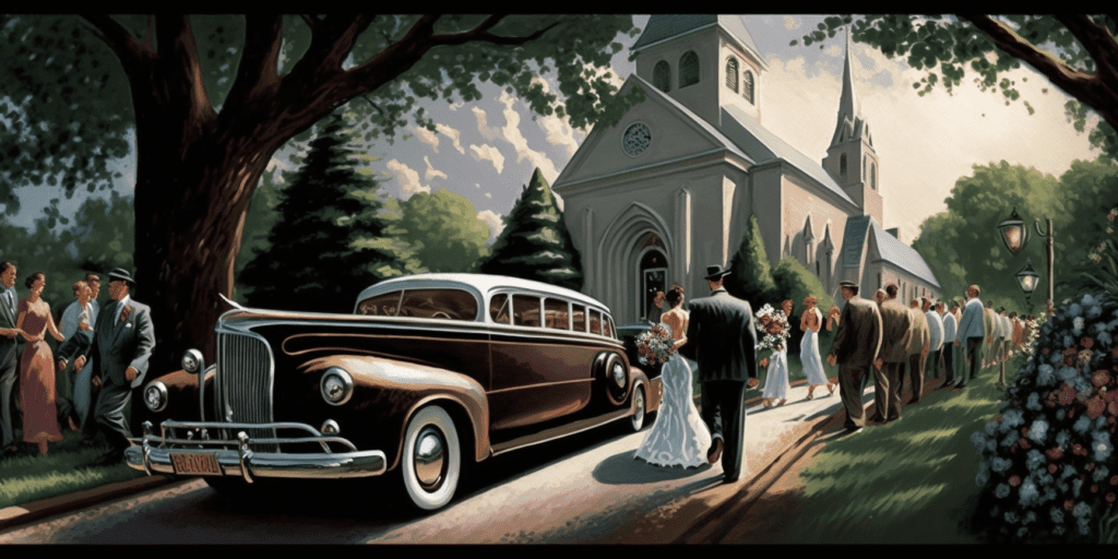 wedding party exiting church toward a limousine and party bus as imagined by Midjourney