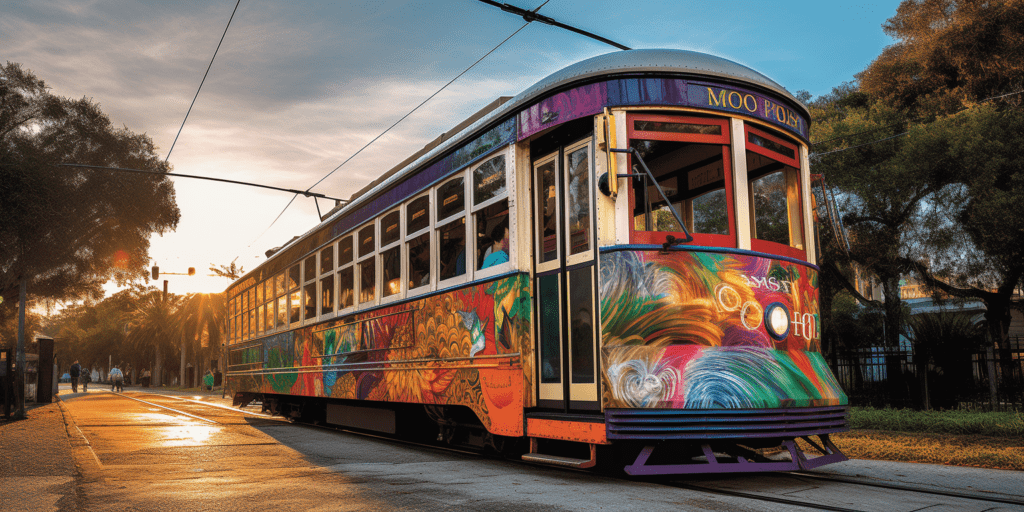 Image capturing the vibrant energy of New Orleans streetcars, meandering through the city's diverse neighborhoods, transporting visitors to Jazzfest. Show iconic landmarks, colorful architecture, and lively crowds.