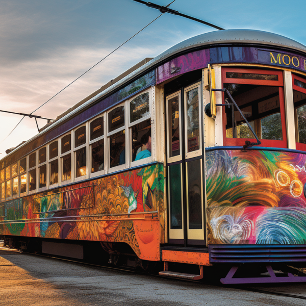 I Image capturing the vibrant energy of New Orleans streetcars, meandering through the city's diverse neighborhoods, transporting visitors to Jazzfest. Show iconic landmarks, colorful architecture, and lively crowds.