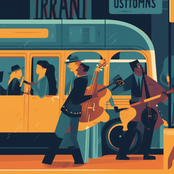 Image of a colorful jazz band performing on a bus with the iconic Jazzfest logo on the side. The bus is stopped at a bustling intersection where multiple people are waiting at a nearby bus stop with their instruments, ready to join in on the music.