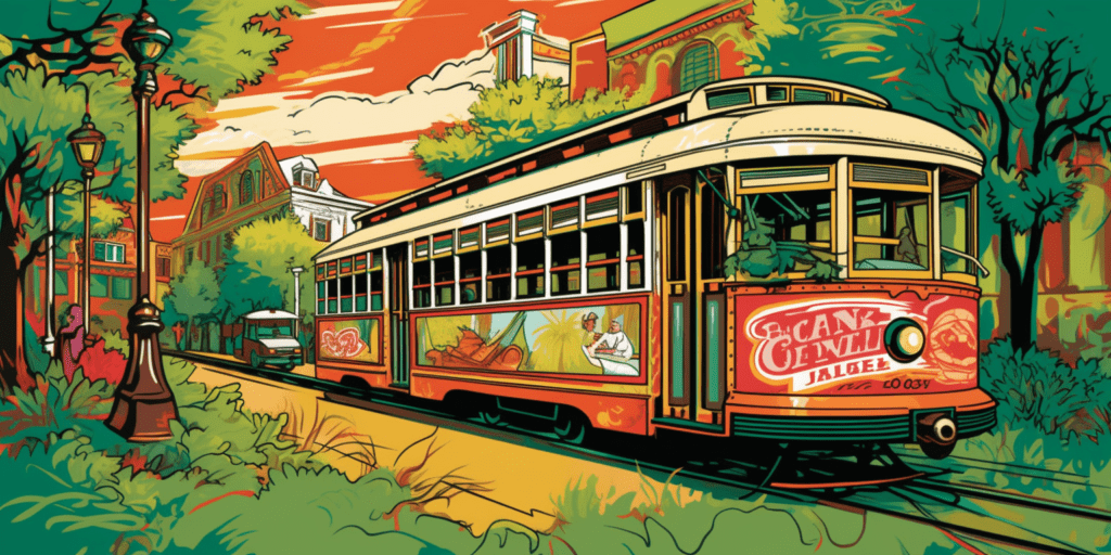 image of a vintage New Orleans streetcar adorned with colorful Jazzfest posters, traveling down a tree-lined avenue with the iconic St. Charles streetcar line in the background.