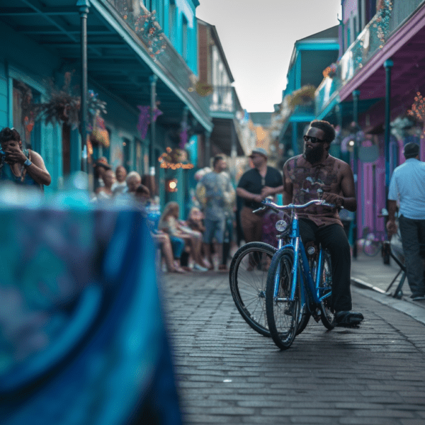 Bike parked in front of a colorful New Orleans street