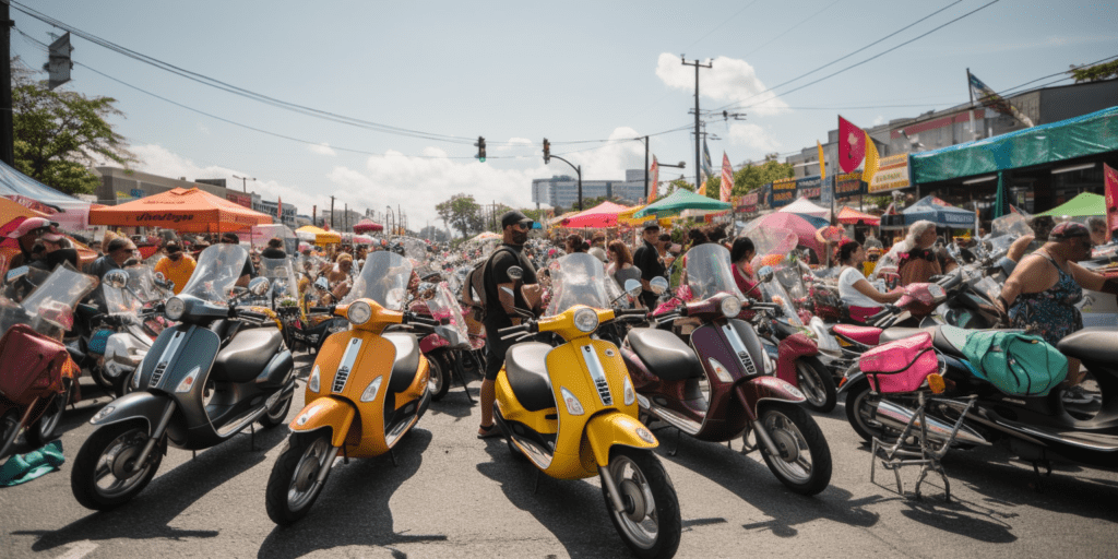 a crowded JazzFest parking lot filled with colorful scooters and bikes