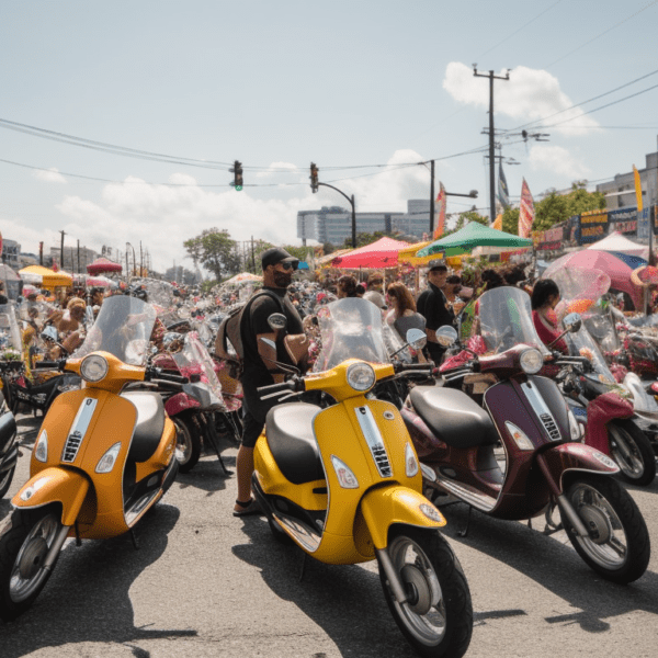 a crowded JazzFest parking lot filled with colorful scooters and bikes