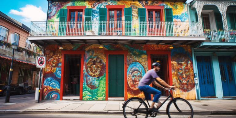 a person riding a bike through the colorful streets of New Orleans towards JazzFest