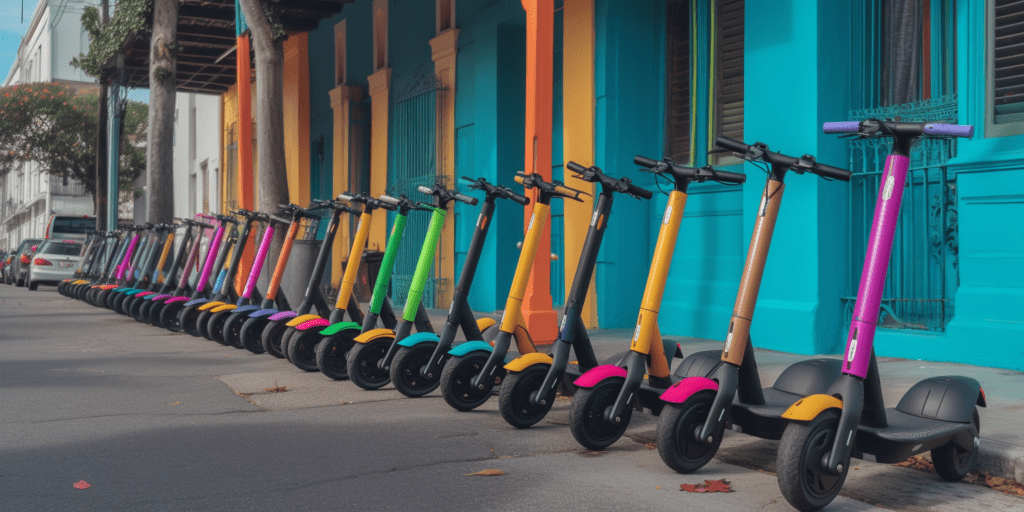 an image of a vibrant street corner in New Orleans, with a row of colorful and sleek electric scooters