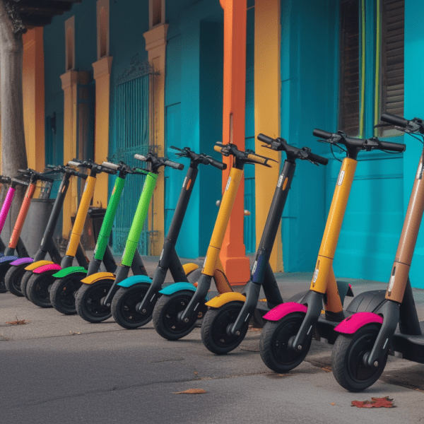 an image of a vibrant street corner in New Orleans, with a row of colorful and sleek electric scooters