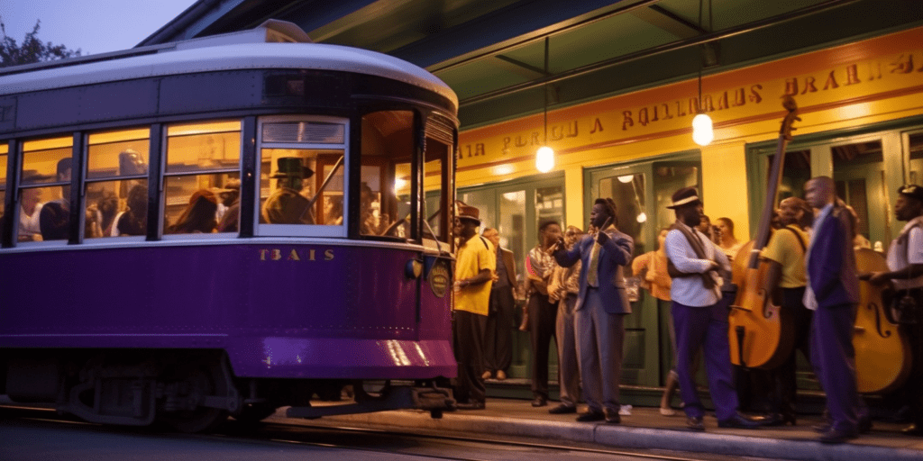 an image of a New Orleans streetcar passing by a jazz band on the sidewalk, with a sign indicating the affordable fare for transportation to JazzFest. The streetcar should be brightly colored, and the jazz band should be playing instruments like trumpets and saxophones.