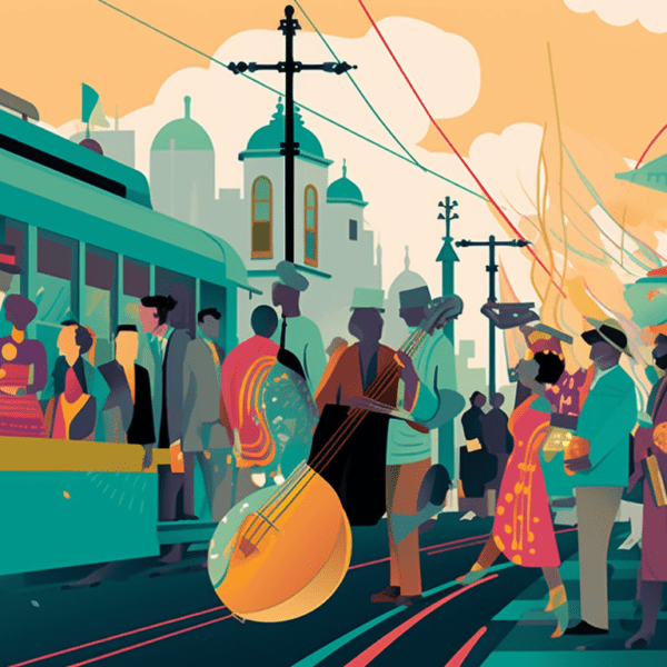 an image of a crowded New Orleans streetcar during Jazzfest, with people carrying instruments and wearing colorful outfits, as the streetcar makes its way down a bustling street.