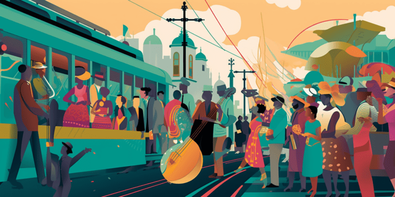 an image of a crowded New Orleans streetcar during Jazzfest, with people carrying instruments and wearing colorful outfits, as the streetcar makes its way down a bustling street.