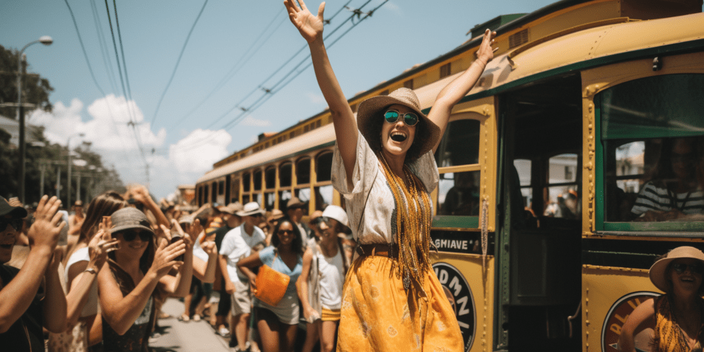 an image that showcases the vibrant energy of New Orleans' JazzFest with an RTA Day Pass. Include a streetcar or bus, live music, and colorful people enjoying the festival