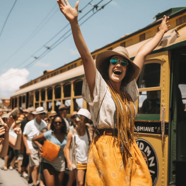 an image that showcases the vibrant energy of New Orleans' JazzFest with an RTA Day Pass. Include a streetcar or bus, live music, and colorful people enjoying the festival