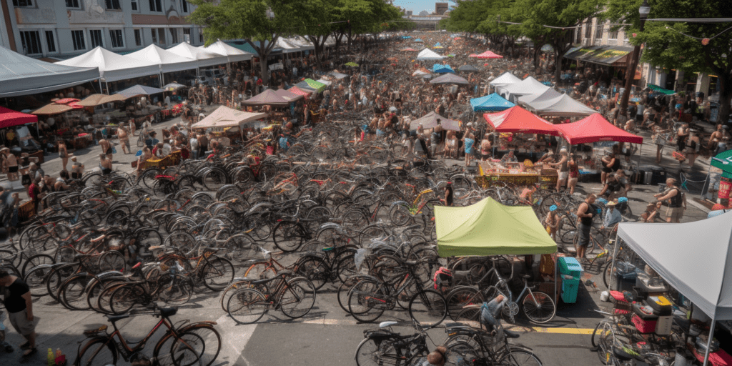 crowded bicycle parking area at JazzFest