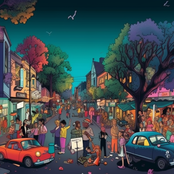 image of a colorful street with hidden parking spots tucked behind buildings and trees