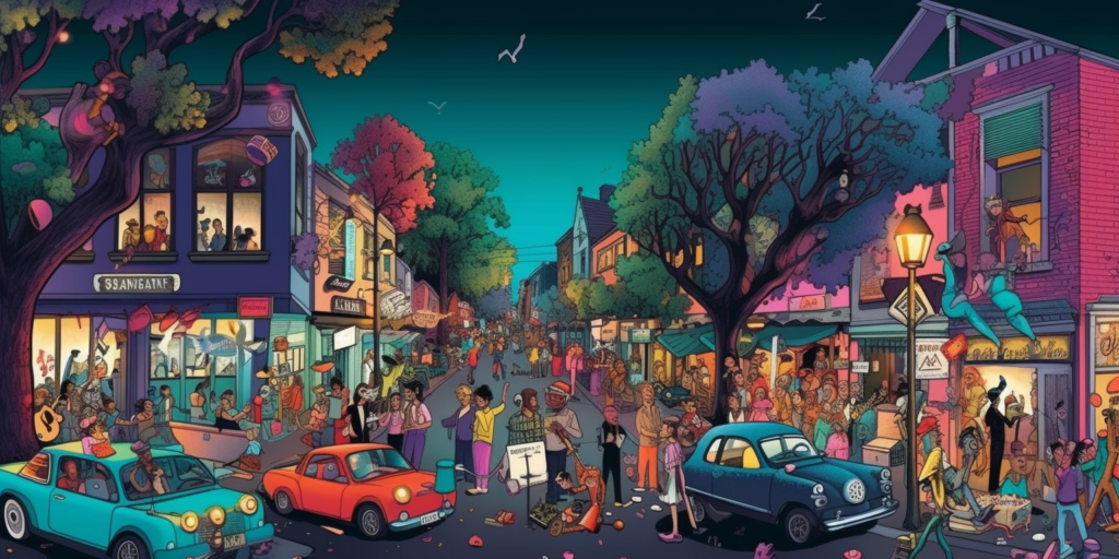 image of a colorful street with hidden parking spots tucked behind buildings and trees