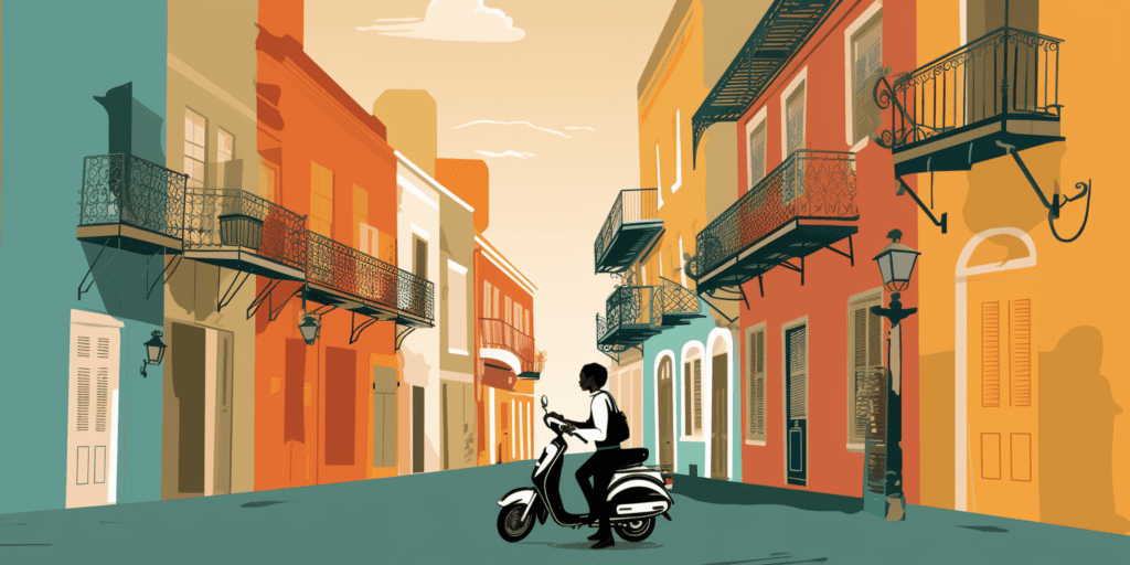 person riding a scooter down a vibrant New Orleans street lined with colorful buildings