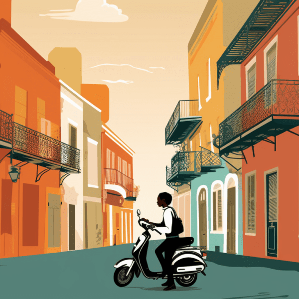 person riding a scooter down a vibrant New Orleans street lined with colorful buildings