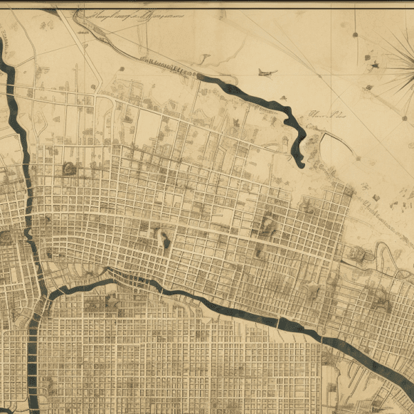 vintage map of New Orleans with a dotted line route leading to JazzFest