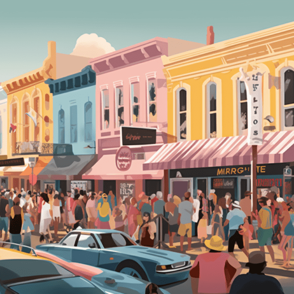 image that captures the bustling energy of a crowded Jazzfest street corner, with a Lyft car and taxi cab waiting