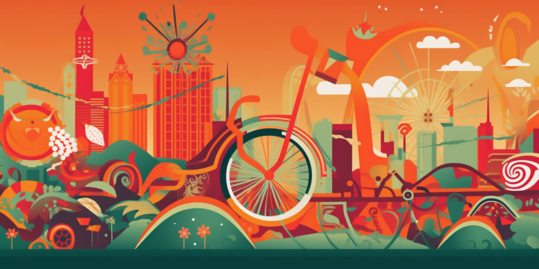 An image featuring a stylized bike against a vibrant backdrop of New Orleans cityscape, with Essence Fest festivities in mid-swing and dollar signs subtly incorporated into the scenery