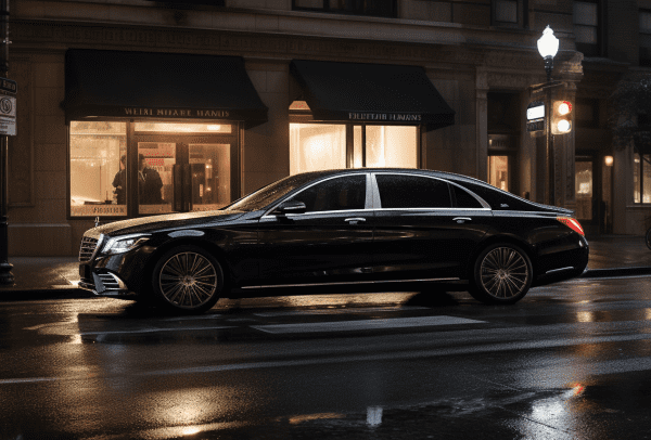 an image capturing the elegance of chauffeured transportation: a sleek, black luxury sedan gliding through a bustling city at dusk, its shimmering reflection on the polished streets evoking a sense of opulence and unparalleled service