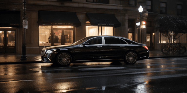 an image capturing the elegance of chauffeured transportation: a sleek, black luxury sedan gliding through a bustling city at dusk, its shimmering reflection on the polished streets evoking a sense of opulence and unparalleled service