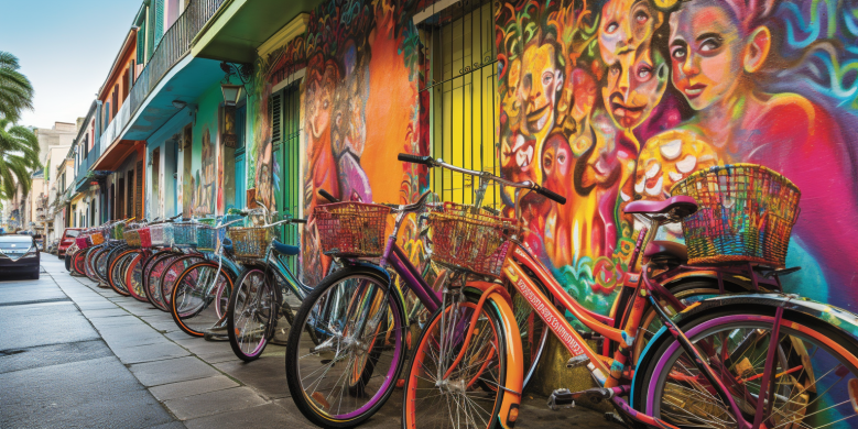 an image featuring vibrant, colorful bikes lined up in New Orleans' French Quarter, with Essence Fest's lively crowd and iconic jazz musicians in the background