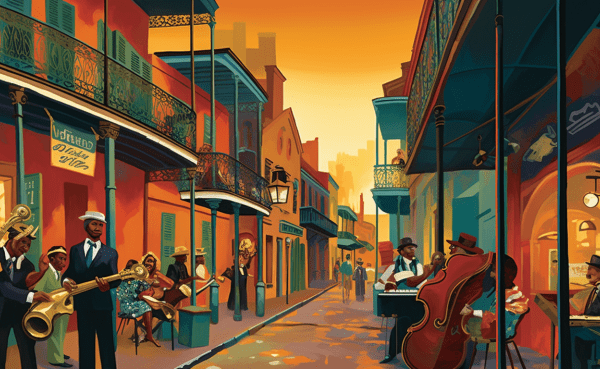 an image capturing the vibrant essence of New Orleans: a lively jazz band serenades a bustling French Quarter street, while aromatic gumbo simmers in a pot nearby, as streetcars glide along the charming cityscape.