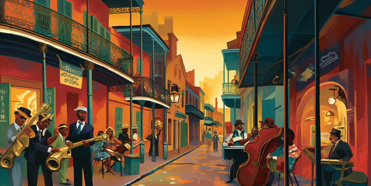 an image capturing the vibrant essence of New Orleans: a lively jazz band serenades a bustling French Quarter street, while aromatic gumbo simmers in a pot nearby, as streetcars glide along the charming cityscape