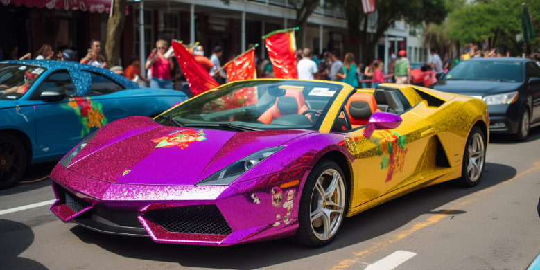 A parade of luxury cars like Lamborghinis, Rolls-Royces, and Ferraris cruising down a vibrant New Orleans street adorned with Mardi Gras beads and Essence Fest banners.