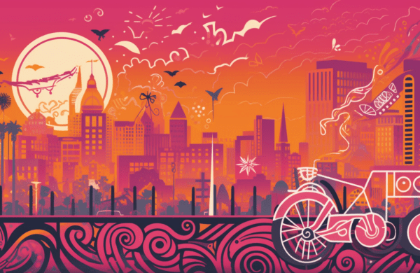 An image featuring a stylized bike against a vibrant backdrop of New Orleans cityscape, with Essence Fest festivities in mid-swing and dollar signs subtly incorporated into the scenery