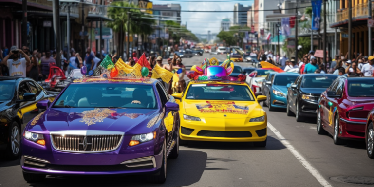 A parade of luxury cars like Lamborghinis, Rolls-Royces, and Ferraris cruising down a vibrant New Orleans street adorned with Mardi Gras beads and Essence Fest banners.