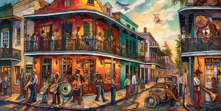 an image capturing the vibrant essence of New Orleans: a lively jazz band serenades a bustling French Quarter street, while aromatic gumbo simmers in a pot nearby, as streetcars glide along the charming cityscape