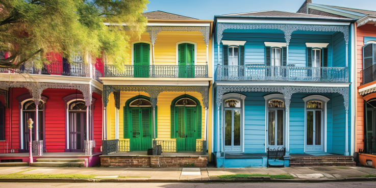 the vibrant essence of New Orleans in an image that showcases the contrasting architectural styles of its historic homes: from colorful Creole cottages to elegant Greek Revival mansions, inviting readers to ponder the decision of renting or not.