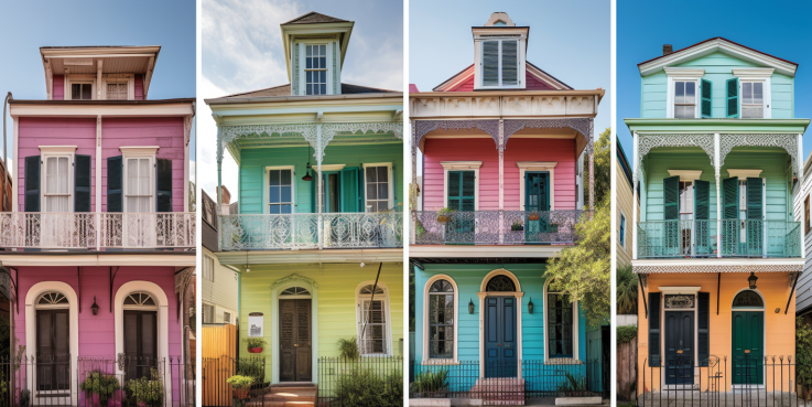 the vibrant essence of New Orleans in an image that showcases the contrasting architectural styles of its historic homes: from colorful Creole cottages to elegant Greek Revival mansions, inviting readers to ponder the decision of renting or not.