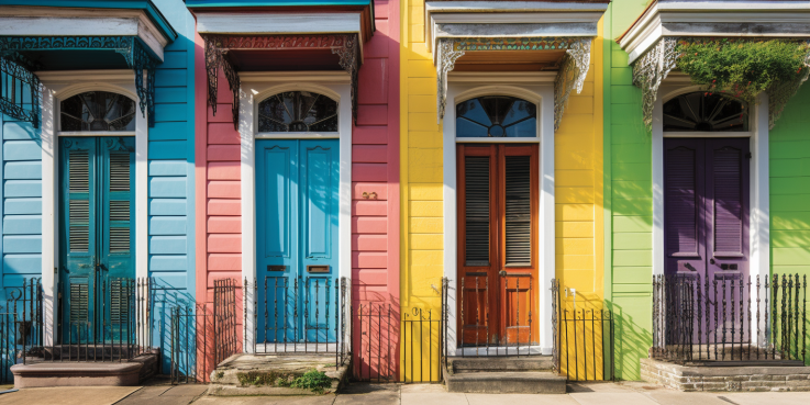 the vibrant essence of New Orleans in an image that showcases the contrasting architectural styles of its historic homes: from colorful Creole cottages to elegant Greek Revival mansions, inviting readers to ponder the decision of renting or not.