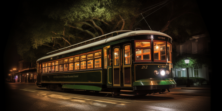  an enchanting evening in New Orleans as the city's vibrant streetcars glide by, casting a warm glow on elegant historic buildings. Professional black car service waits patiently, ready to whisk you away on a memorable adventure.