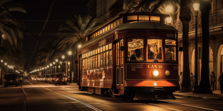  an enchanting evening in New Orleans as the city's vibrant streetcars glide by, casting a warm glow on elegant historic buildings. Professional black car service waits patiently, ready to whisk you away on a memorable adventure.