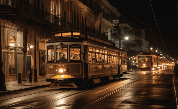 an enchanting evening in New Orleans as the city's vibrant streetcars glide by, casting a warm glow on elegant historic buildings. Professional black car service waits patiently, ready to whisk you away on a memorable adventure.