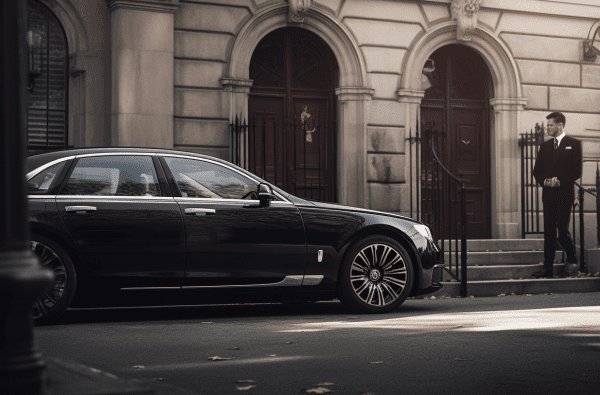 A vibrant cityscape backdrop with a sleek, modern car pulled up to the curb. A well-dressed chauffeur holds the door open, ready to cater to any occasion, offering a sense of reliability and luxury.