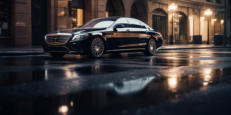 an image capturing the elegance of chauffeured transportation: a sleek, black luxury sedan gliding through a bustling city at dusk, its shimmering reflection on the polished streets evoking a sense of opulence and unparalleled service