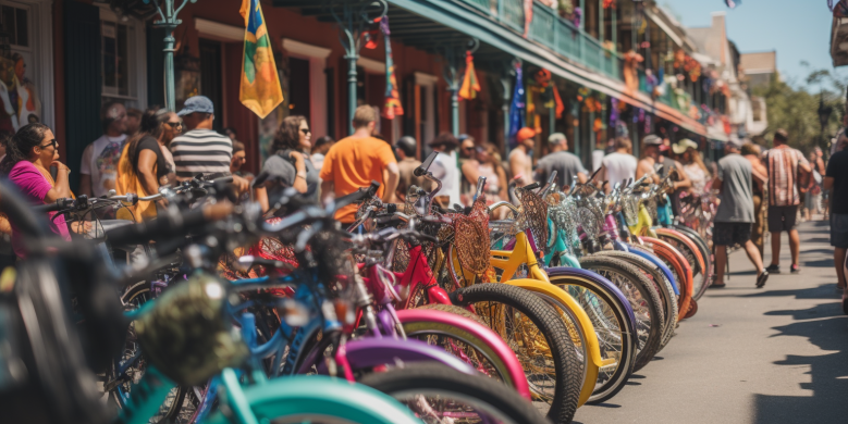 an image featuring vibrant, colorful bikes lined up in New Orleans' French Quarter, with Essence Fest's lively crowd and iconic jazz musicians in the background