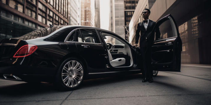 A vibrant cityscape backdrop with a sleek, modern car pulled up to the curb. A well-dressed chauffeur holds the door open, ready to cater to any occasion, offering a sense of reliability and luxury.