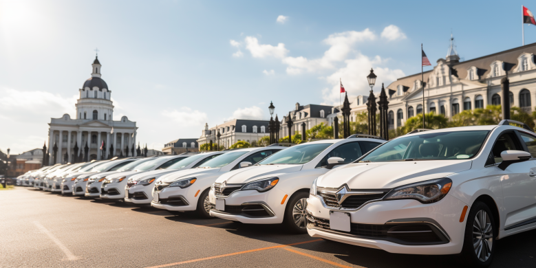 a variety of rental cars lined up in front of New Orleans' iconic landmarks like the French Quarter, Superdome, and a jazz band, ready for a road trip