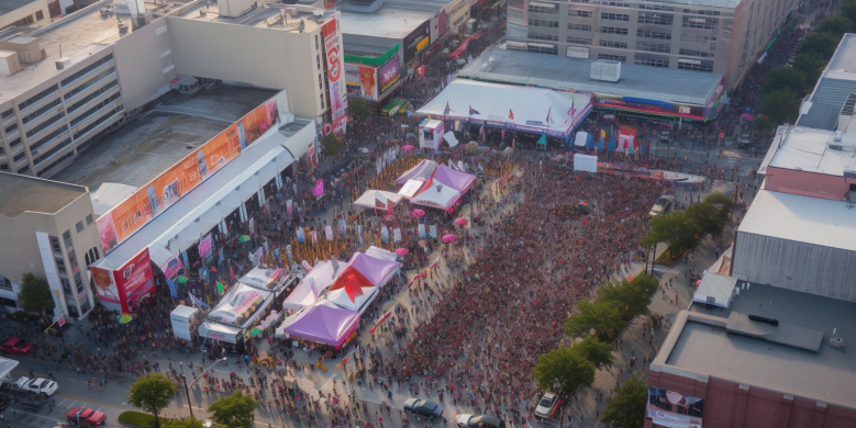 an aerial view of Essence Fest with diverse crowds, highlighted rideshare pickup spots, indicating vehicles, and iconic festival landmarks surrounded by vibrant music and cultural elements