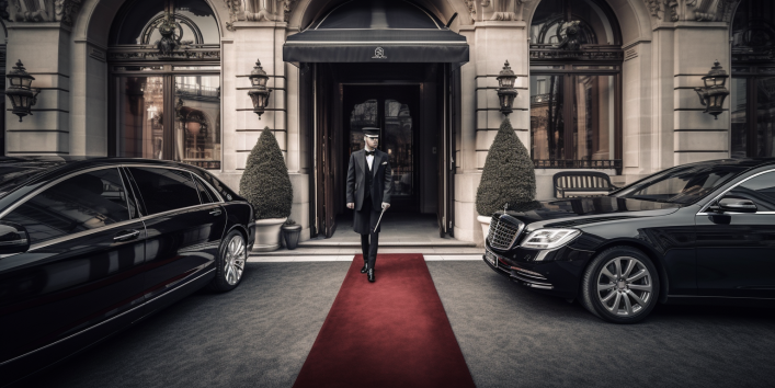 an image showcasing a sleek, black limousine waiting outside a grand hotel entrance. The chauffeur, dressed immaculately in a tailored suit, opens the car door while a red-carpeted pathway leads towards the opulent interior