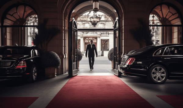 an image showcasing a sleek, black limousine waiting outside a grand hotel entrance. The chauffeur, dressed immaculately in a tailored suit, opens the car door while a red-carpeted pathway leads towards the opulent interior