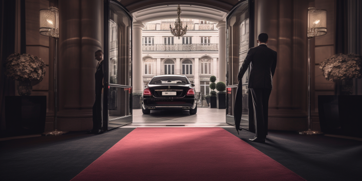 an image showcasing a sleek, black limousine waiting outside a grand hotel entrance. The chauffeur, dressed immaculately in a tailored suit, opens the car door while a red-carpeted pathway leads towards the opulent interior