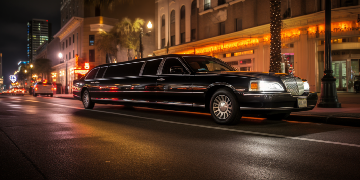 an image showcasing a sleek, black, stretch limousine gliding through the vibrant streets of New Orleans at dusk, elegantly reflecting the city's colorful lights and iconic architecture