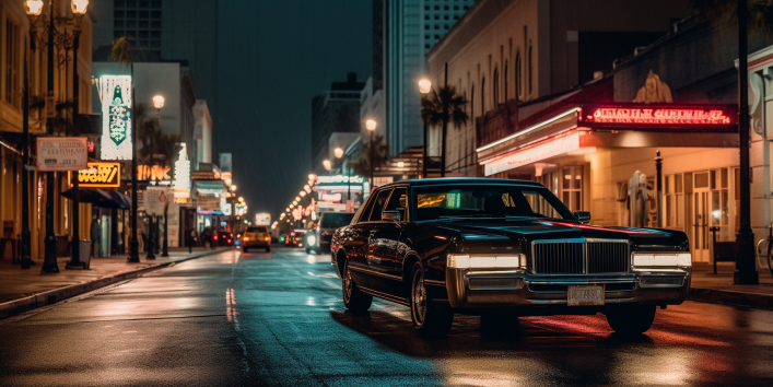an image showcasing a sleek, black, stretch limousine gliding through the vibrant streets of New Orleans at dusk, elegantly reflecting the city's colorful lights and iconic architecture